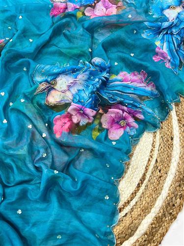   Wonderful Flower Print Sky Blue Color Saree 