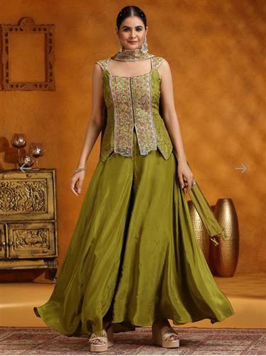 Olive Green Embroidered Palazzo Set with Dupatta Palazzo Set For Womens