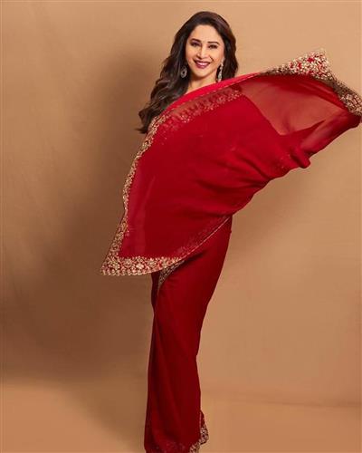 HEAVY GEORGETTE FABRIC ON BEAUTIFUL EMBRODERY SEQUENCES AND ZARI THRED WORK ON LACE