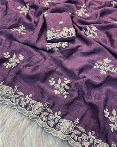HEAVY SOFT CRUSH SILK FABRIC ON EMBRODIERY C-PALLU THREAD AND SEQUENCE WORK WITH CUT WORK BORDER ON 