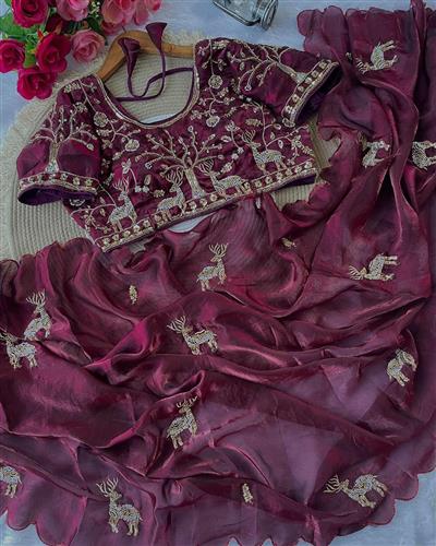 PURE SOFT FANDY SATTIN SILK FABRIC ON BEAUTIFUL HAND WORK WITH CUT WORK AARKO BORDER IN SAREE