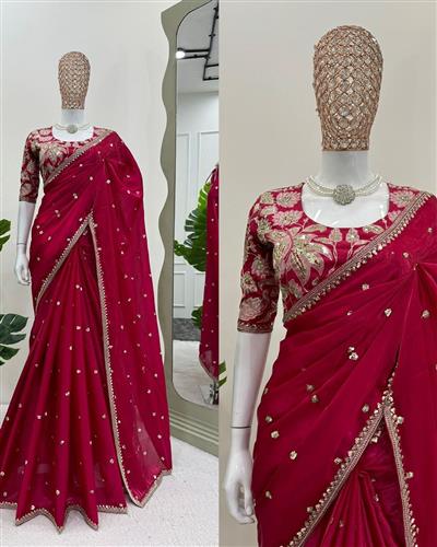 SOFT ZIMMY CHOO SILK FABRIC ON BEAUTIFUL EMBROIDERY ZARI AND SEQUENCES WORK SAREE