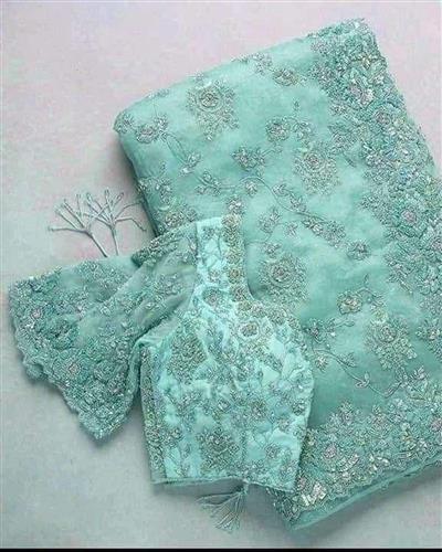 HEAVY KHADI ORGANZA SILK FABRIC ON EMBRODERY THREAD, ZARI WITH 3 MM SEQUENCE WORK ON SAREE