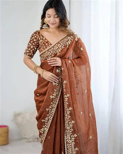 HEAVY SOFT FANDY CHIFFON SILK FABRIC ON HEAVY EMBROIDERY C-PALLU ZARI & SEQUENCES WORK WITH CUT WORK